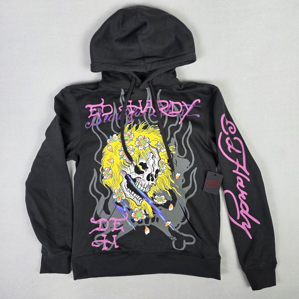 Ed Hardy Hoodie Mens Small Gray Y2k Tattoo Skull Flower Jacket Spellout Pullover